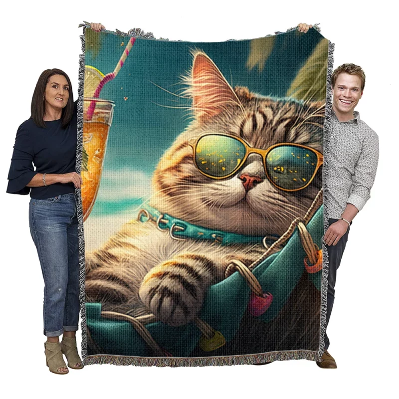 Funny Sunglasses Beach Cat Woven Blanket