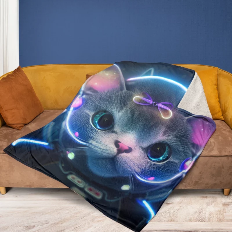 Futuristic 3D Cat Portrait Fleece Blanket 1