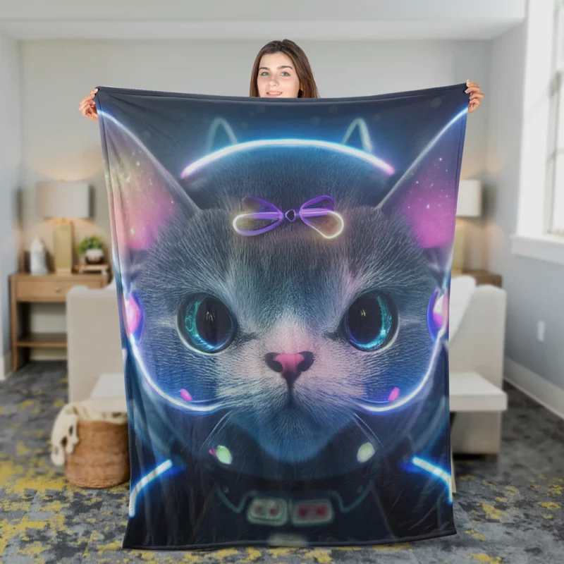 Futuristic 3D Cat Portrait Fleece Blanket 2