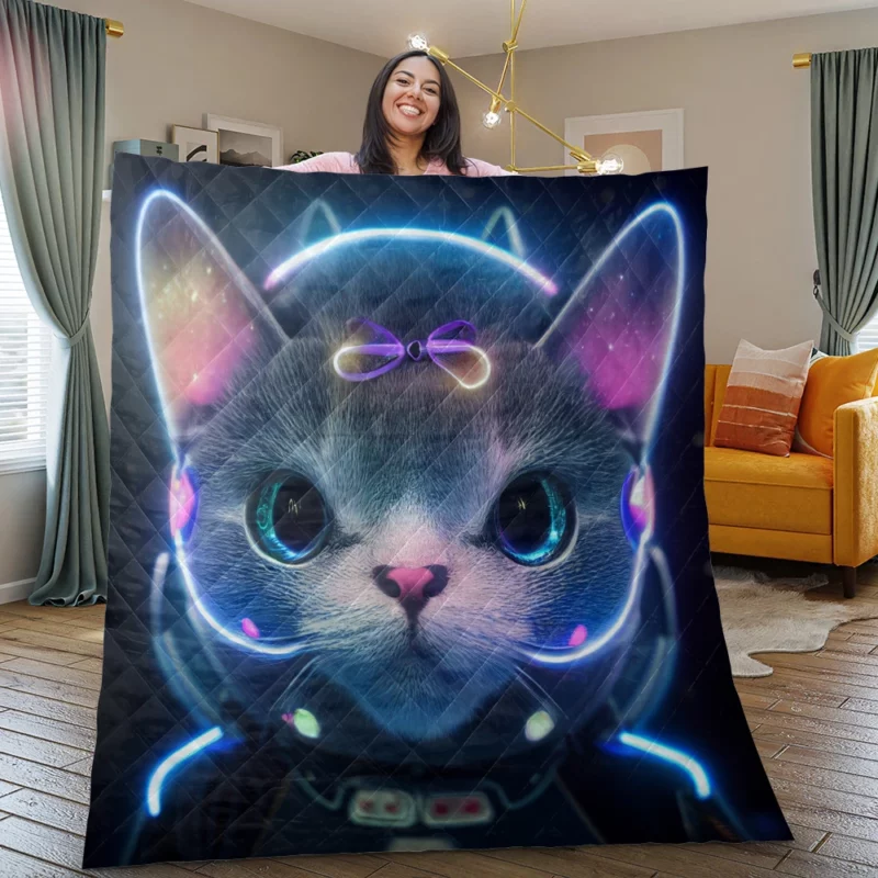 Futuristic 3D Cat Portrait Quilt Blanket