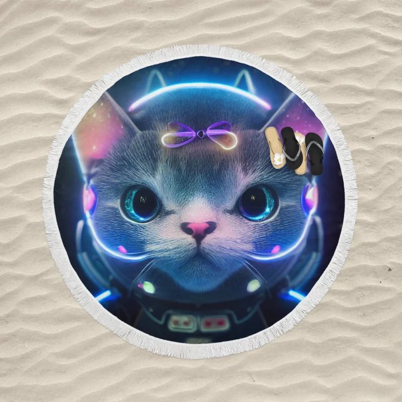 Futuristic 3D Cat Portrait Round Beach Towel