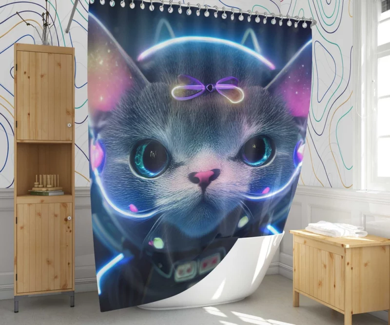 Futuristic 3D Cat Portrait Shower Curtain 1