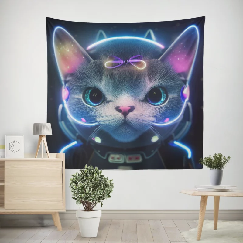 Futuristic 3D Cat Portrait Wall Tapestry