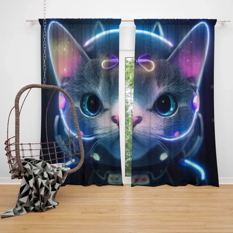 Futuristic 3D Cat Portrait Window Curtain