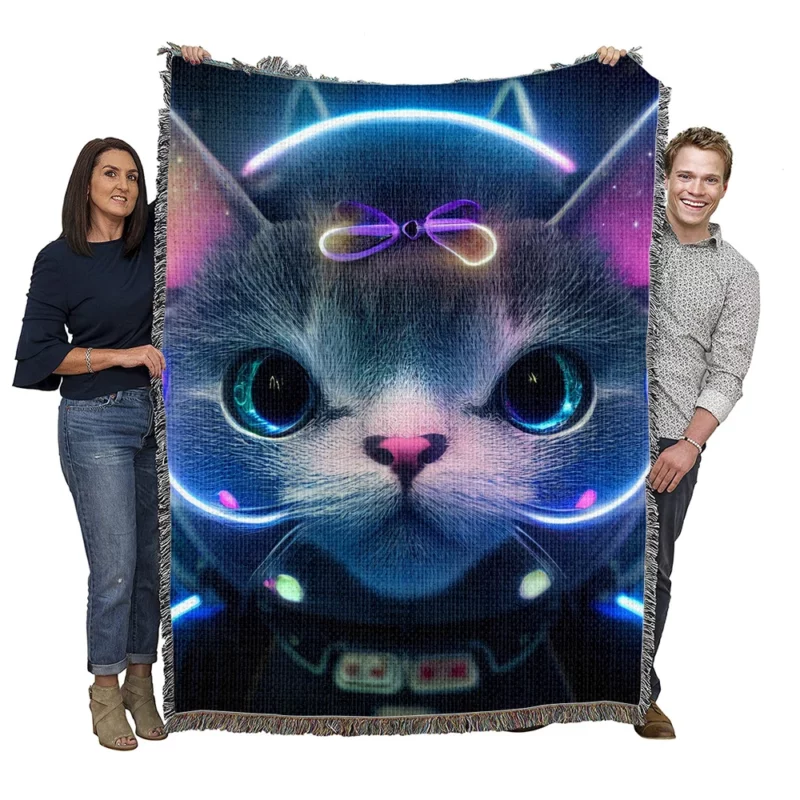 Futuristic 3D Cat Portrait Woven Blanket