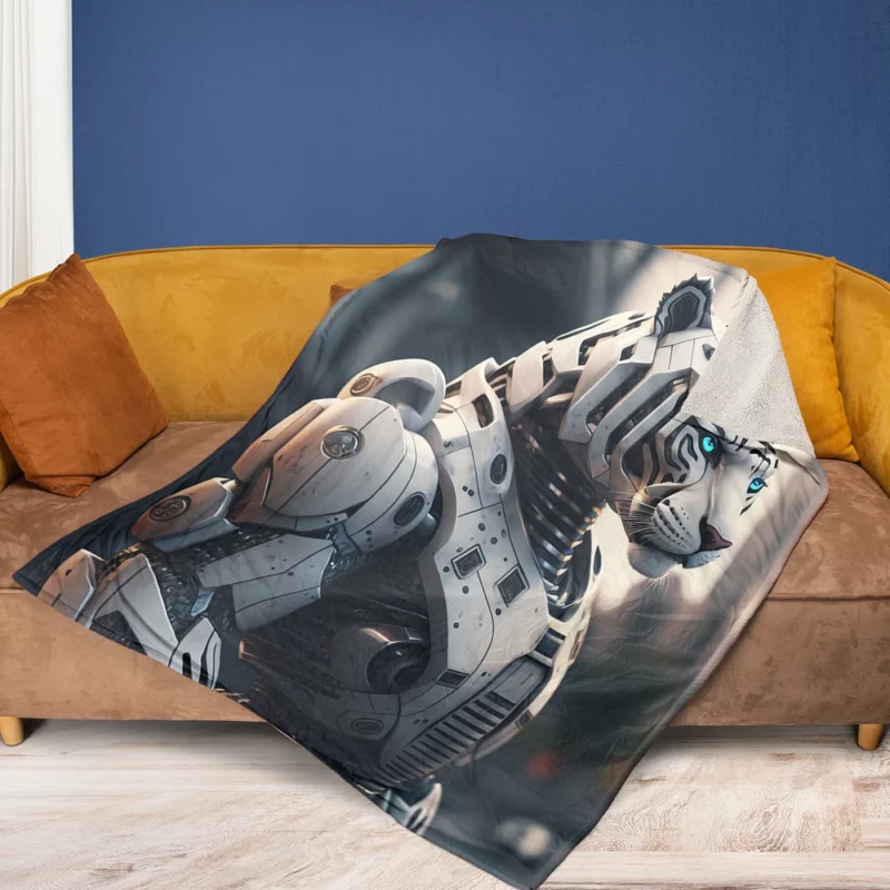 Futuristic City Robot Tiger Fleece Blanket 1