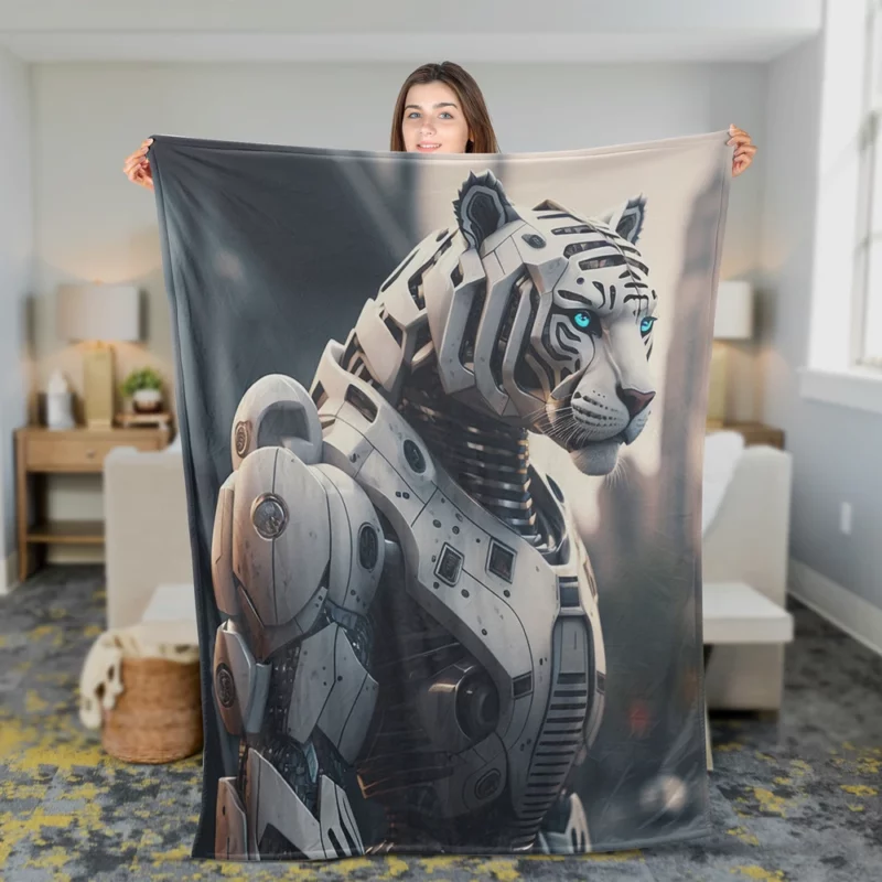 Futuristic City Robot Tiger Fleece Blanket 2