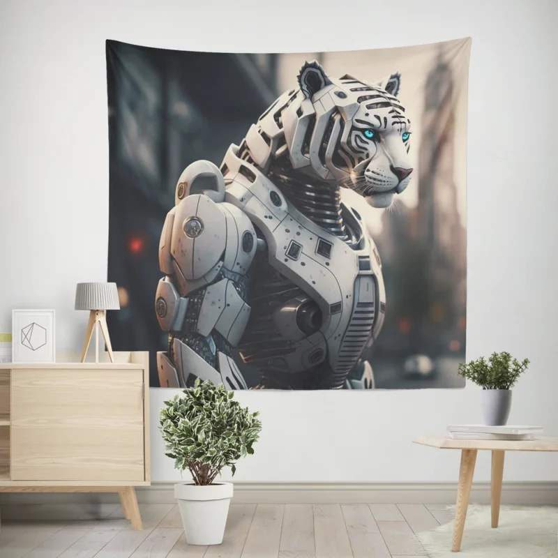 Futuristic City Robot Tiger Wall Tapestry