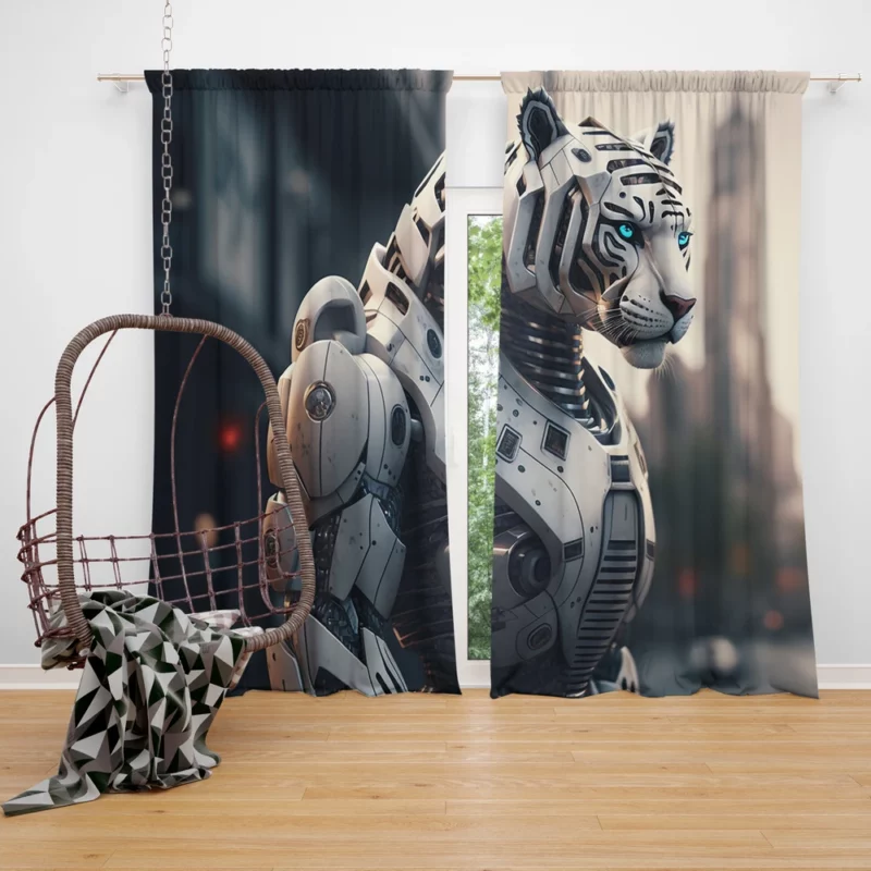 Futuristic City Robot Tiger Window Curtain