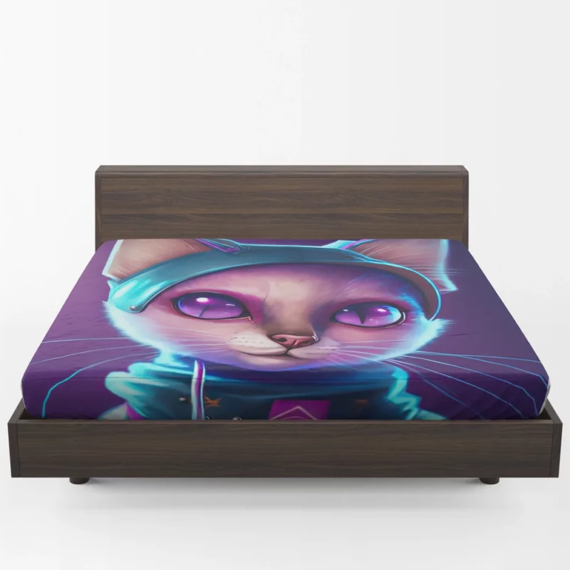 Futuristic Cyber Cat Illustration Fitted Sheet 1