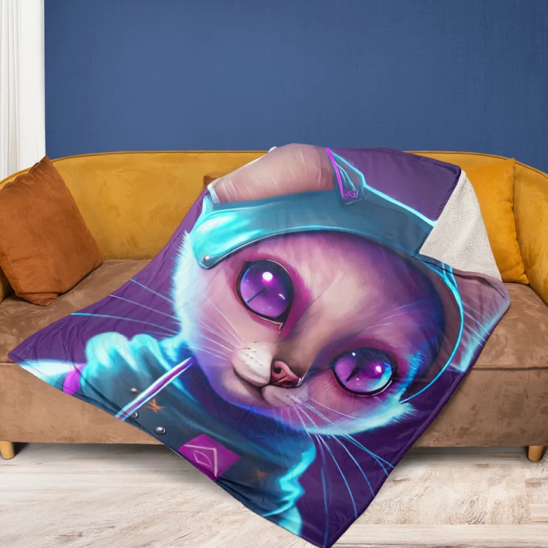 Futuristic Cyber Cat Illustration Fleece Blanket 1