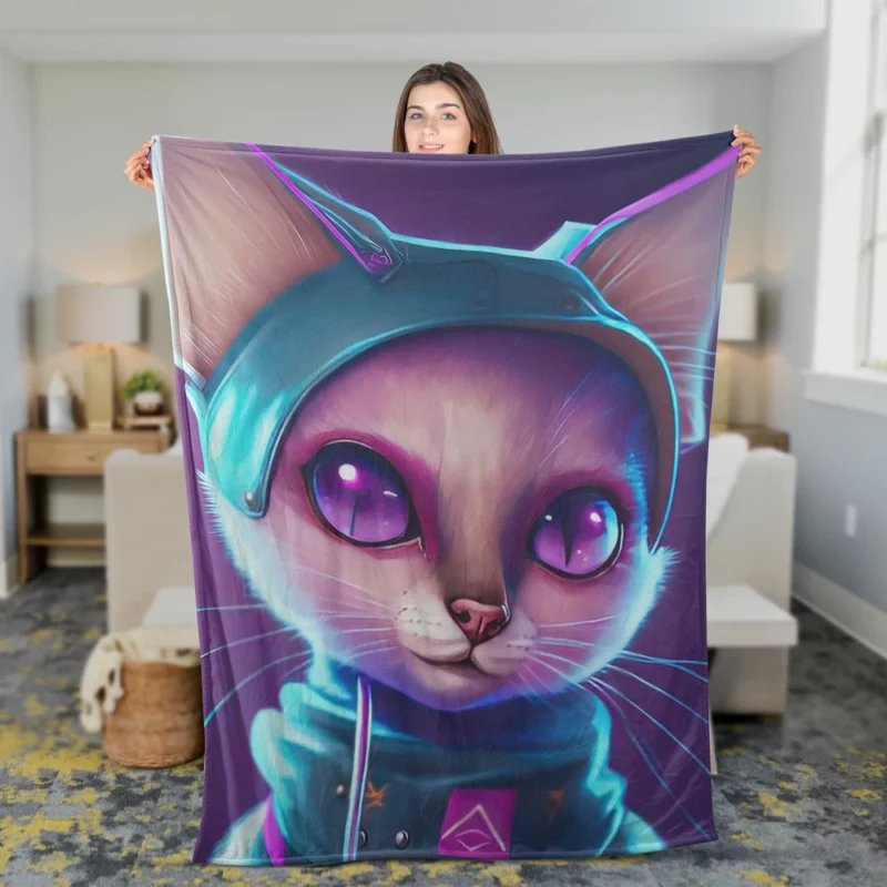 Futuristic Cyber Cat Illustration Fleece Blanket 2