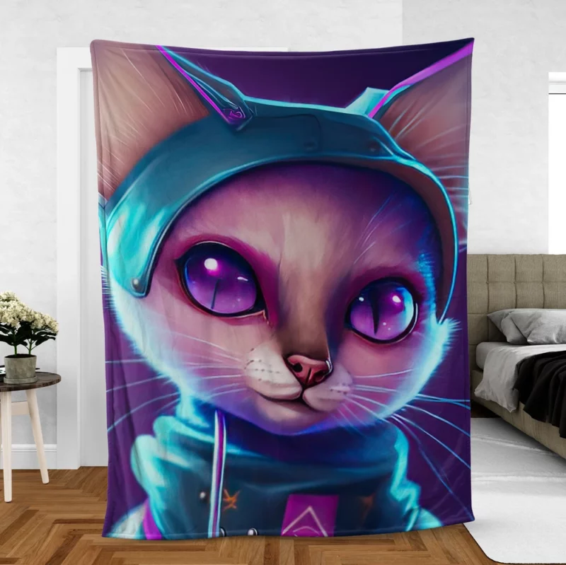 Futuristic Cyber Cat Illustration Fleece Blanket