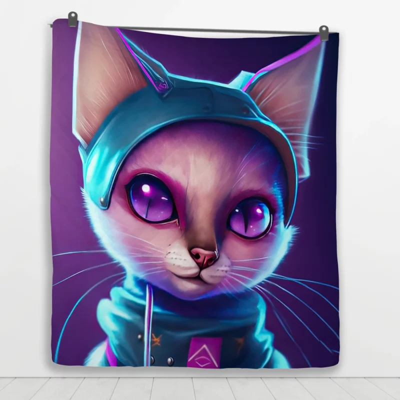 Futuristic Cyber Cat Illustration Quilt Blanket 1