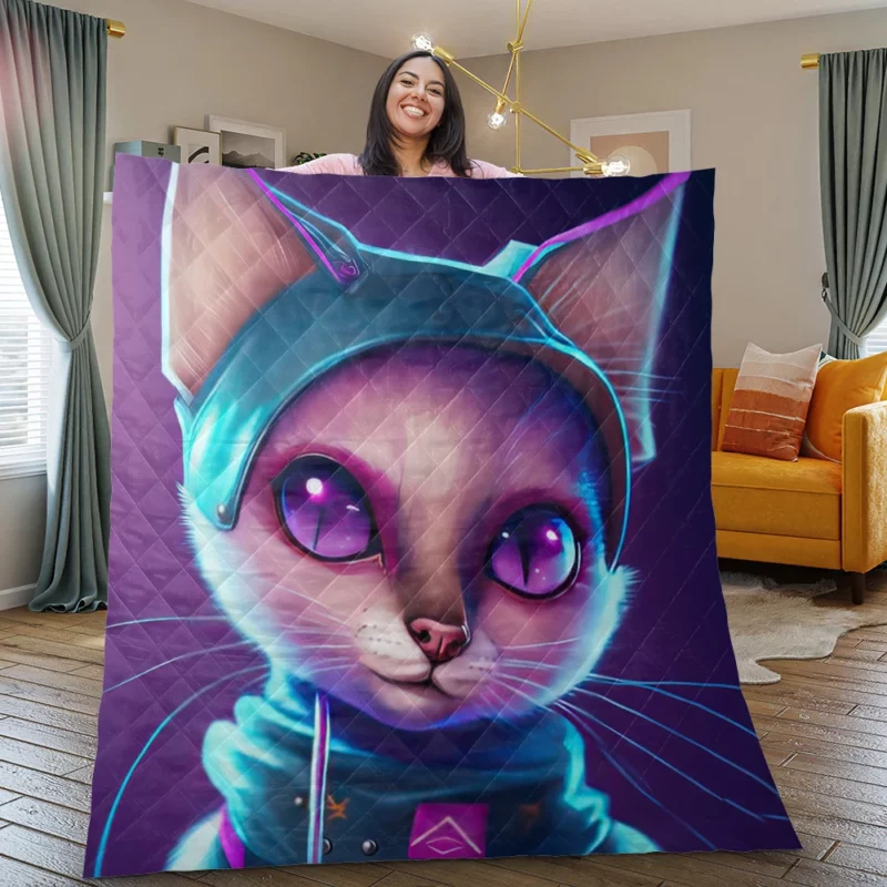 Futuristic Cyber Cat Illustration Quilt Blanket