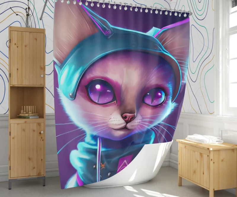 Futuristic Cyber Cat Illustration Shower Curtain 1