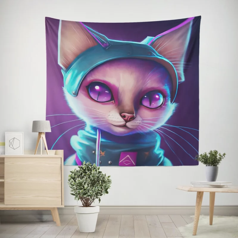 Futuristic Cyber Cat Illustration Wall Tapestry