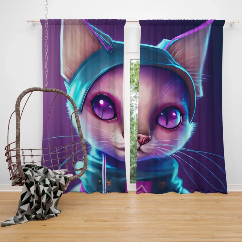 Futuristic Cyber Cat Illustration Window Curtain