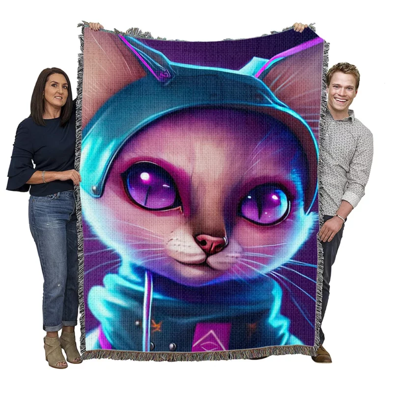 Futuristic Cyber Cat Illustration Woven Blanket