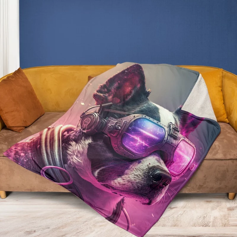 Futuristic Neon Dog Portrait Fleece Blanket 1