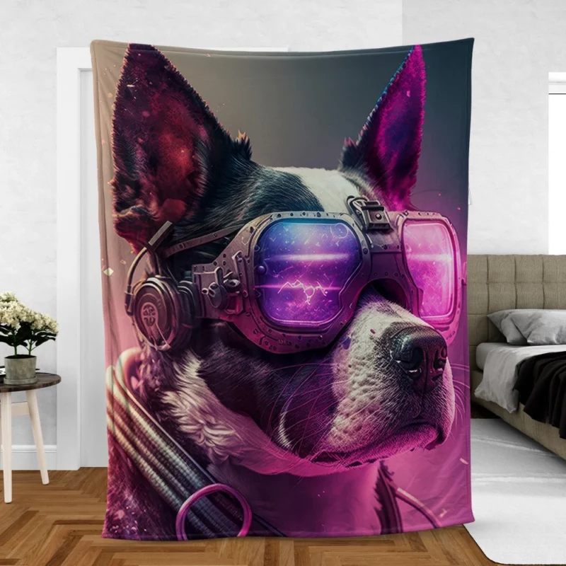 Futuristic Neon Dog Portrait Fleece Blanket