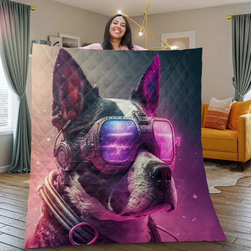 Futuristic Neon Dog Portrait Quilt Blanket