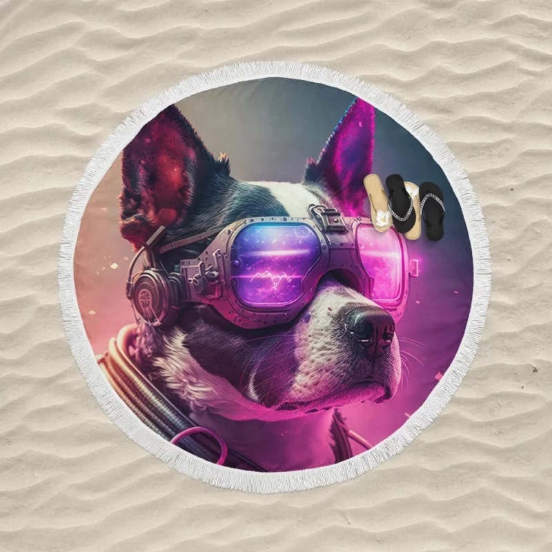 Futuristic Neon Dog Portrait Round Beach Towel