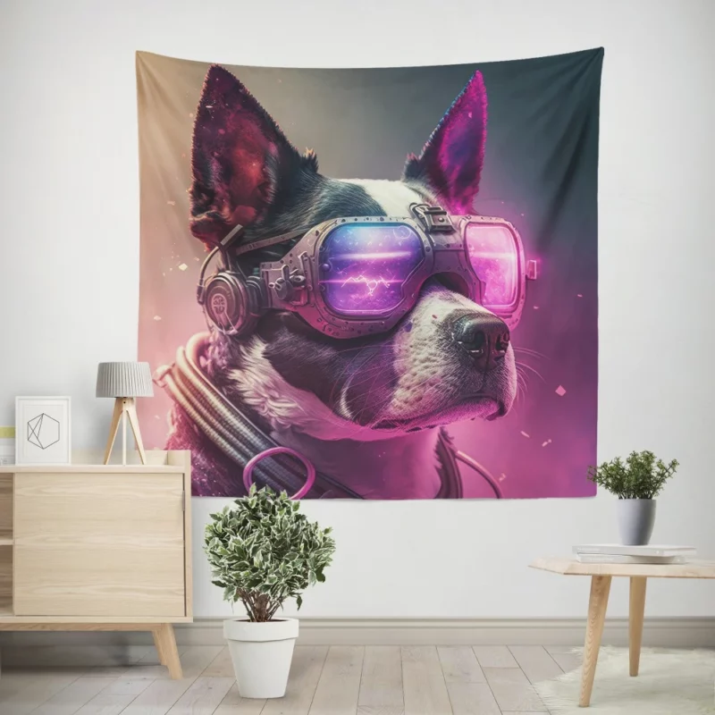 Futuristic Neon Dog Portrait Wall Tapestry