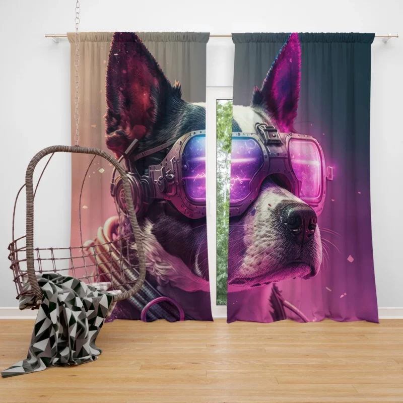 Futuristic Neon Dog Portrait Window Curtain