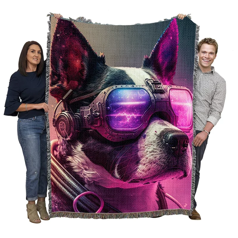 Futuristic Neon Dog Portrait Woven Blanket