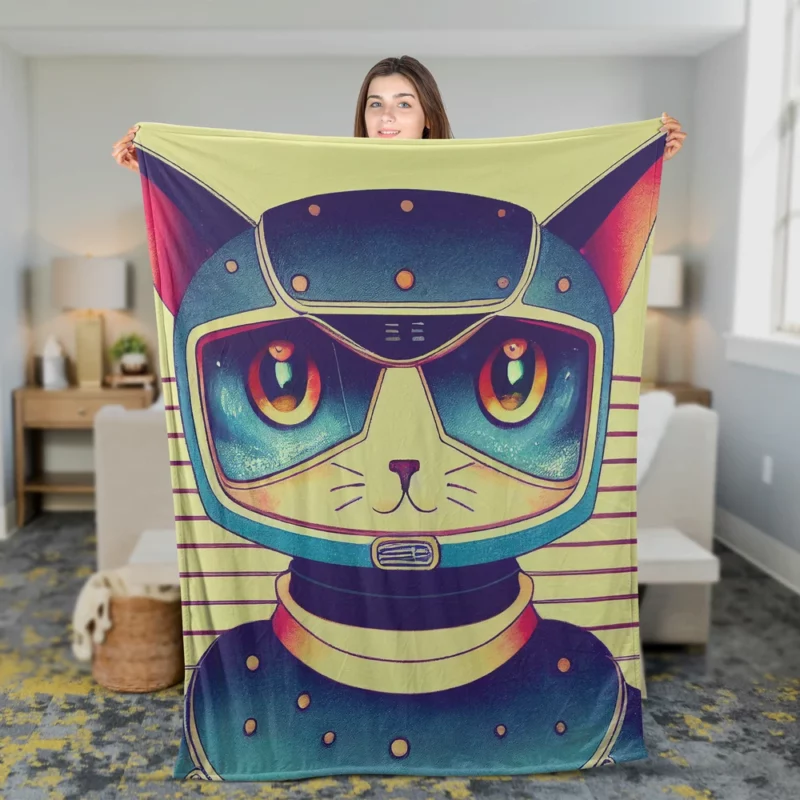 Futuristic Robot Cat Portrait Fleece Blanket 2