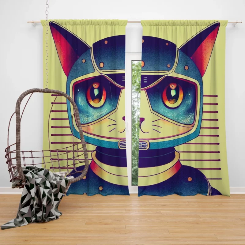 Futuristic Robot Cat Portrait Window Curtain