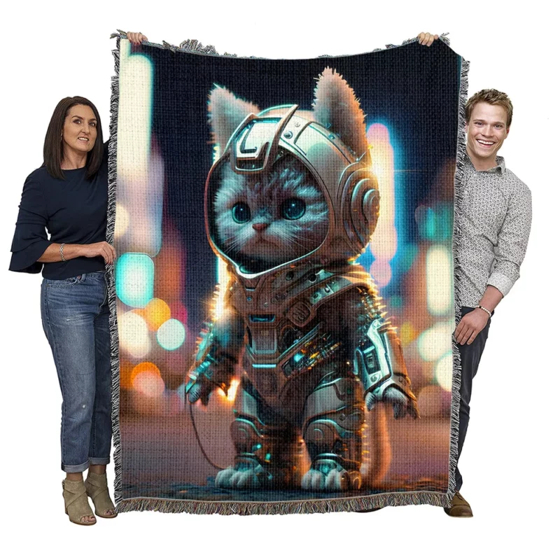 Futuristic Robot Outfit Cat Woven Blanket