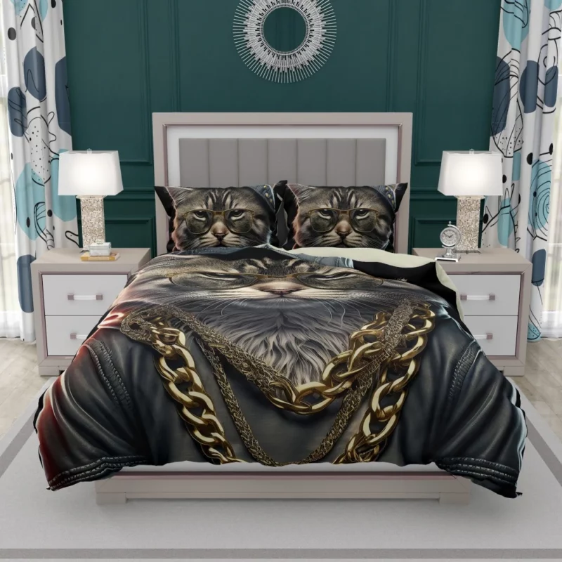 Gangsta Boss Rapper Cat with Gold Chains Bedding Set 1