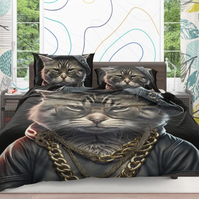 Gangsta Boss Rapper Cat with Gold Chains Bedding Set