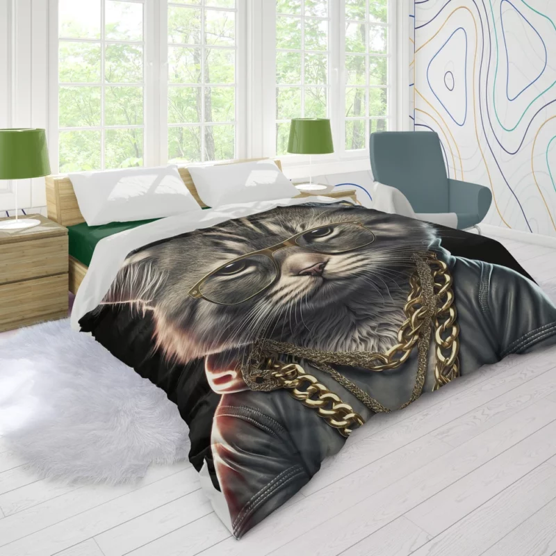 Gangsta Boss Rapper Cat with Gold Chains Duvet Cover