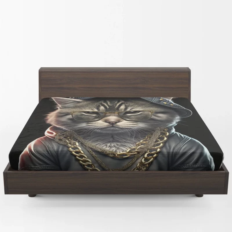 Gangsta Boss Rapper Cat with Gold Chains Fitted Sheet 1