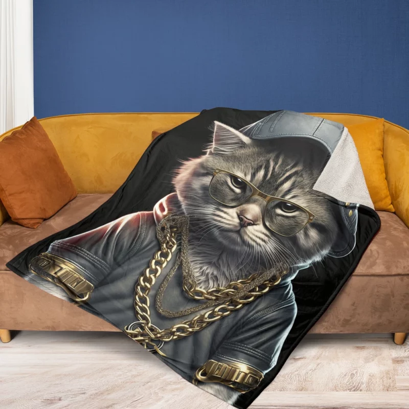 Gangsta Boss Rapper Cat with Gold Chains Fleece Blanket 1