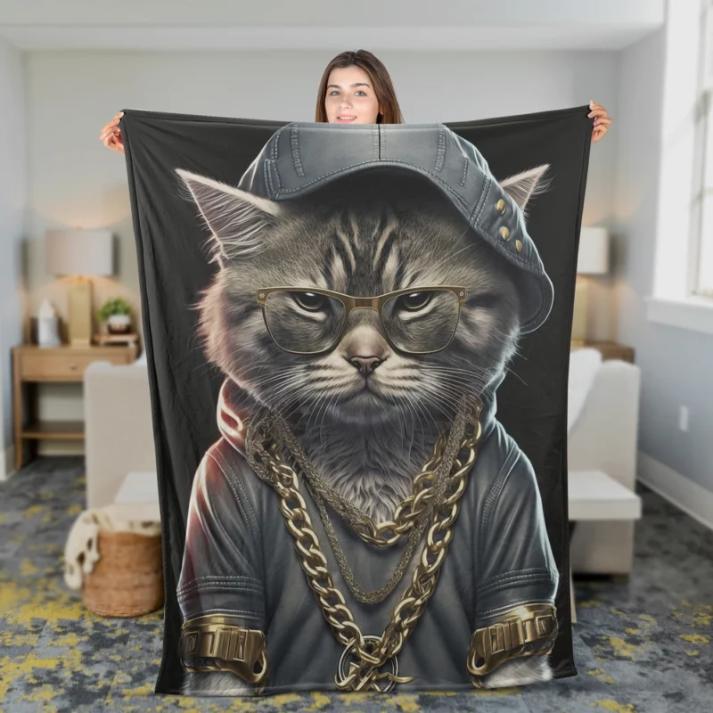 Gangsta Boss Rapper Cat with Gold Chains Fleece Blanket 2