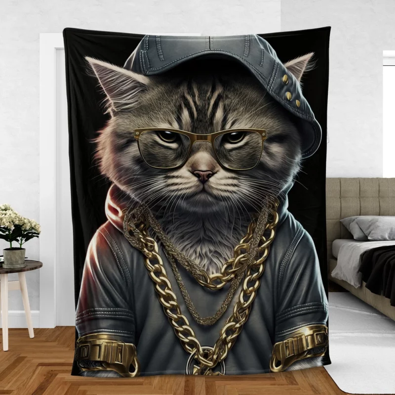 Gangsta Boss Rapper Cat with Gold Chains Fleece Blanket