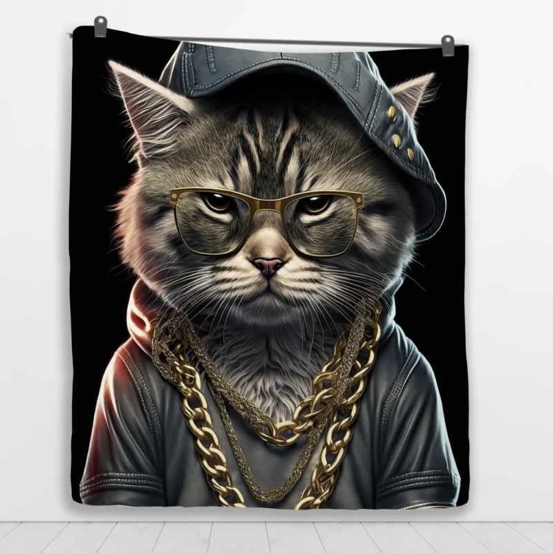 Gangsta Boss Rapper Cat with Gold Chains Quilt Blanket 1