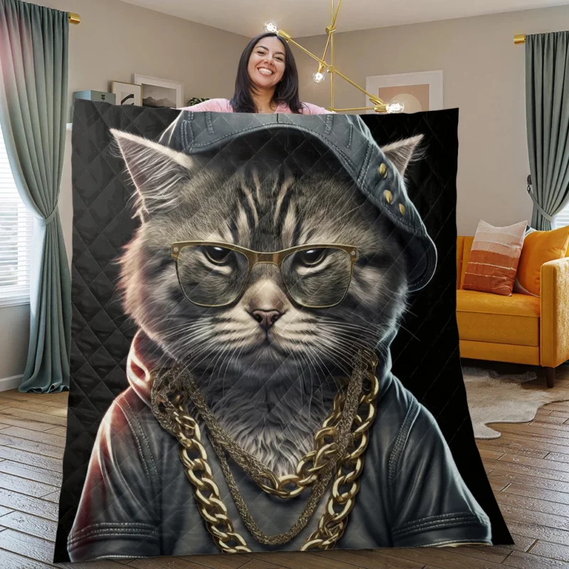 Gangsta Boss Rapper Cat with Gold Chains Quilt Blanket