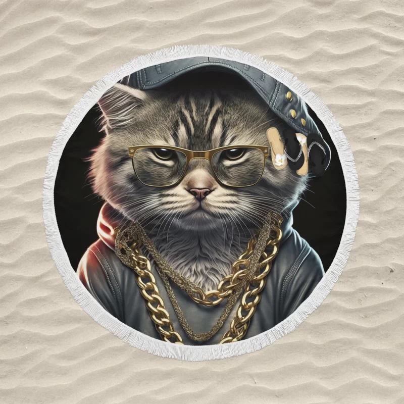 Gangsta Boss Rapper Cat with Gold Chains Round Beach Towel