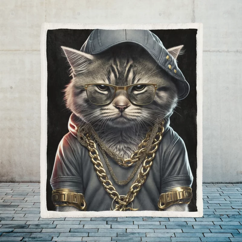 Gangsta Boss Rapper Cat with Gold Chains Sherpa Fleece Blanket