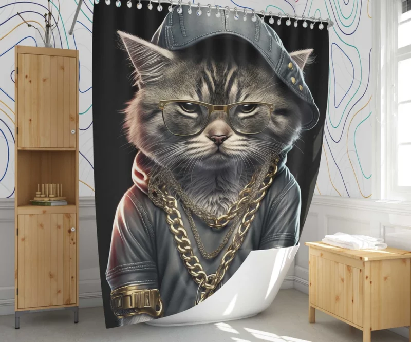 Gangsta Boss Rapper Cat with Gold Chains Shower Curtain 1