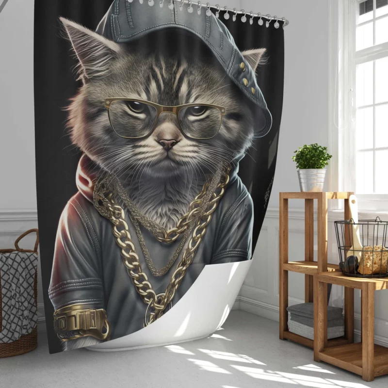 Gangsta Boss Rapper Cat with Gold Chains Shower Curtain