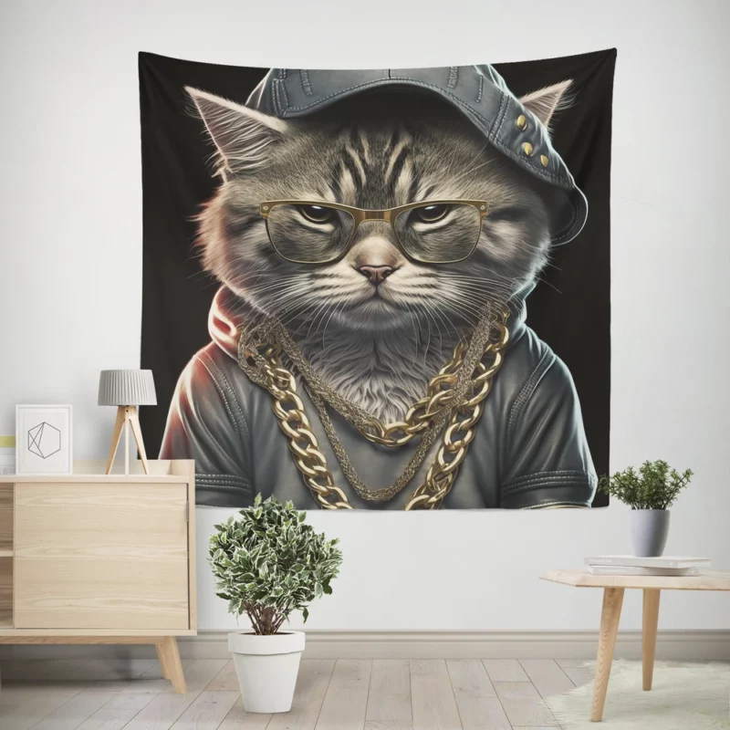 Gangsta Boss Rapper Cat with Gold Chains Wall Tapestry