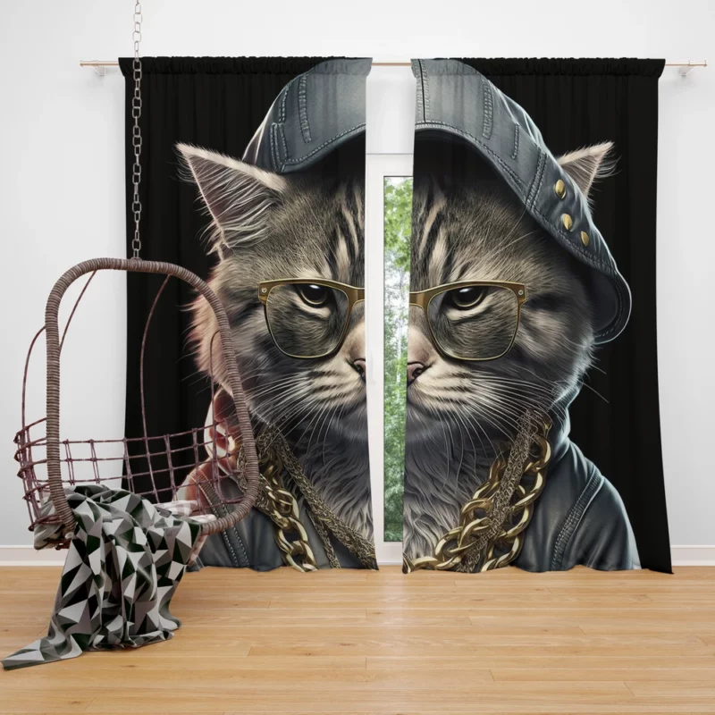 Gangsta Boss Rapper Cat with Gold Chains Window Curtain