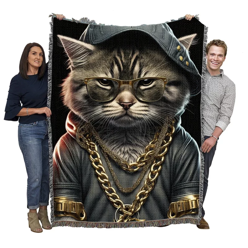 Gangsta Boss Rapper Cat with Gold Chains Woven Blanket