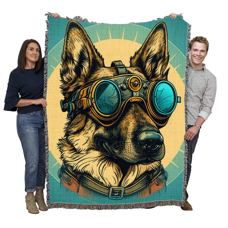 German Shepherd Pilot Portrait Woven Blanket